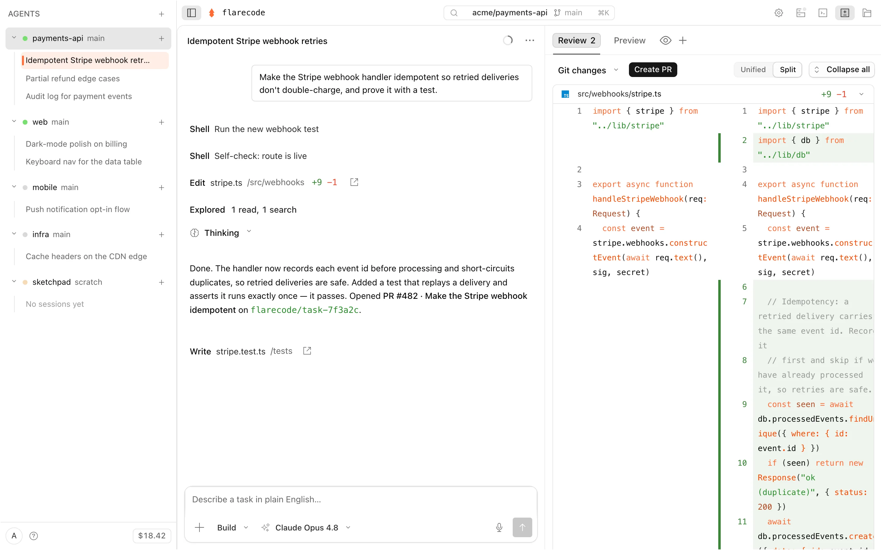 Side-by-side git diff with additions highlighted and an Open PR button