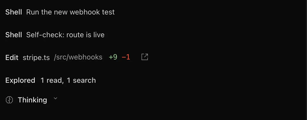 Tool-call cards: a test run, a self-check, and a file edit with a diff