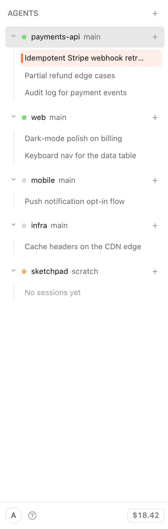 The fleet rail: five repos, each with its own agent and live session status