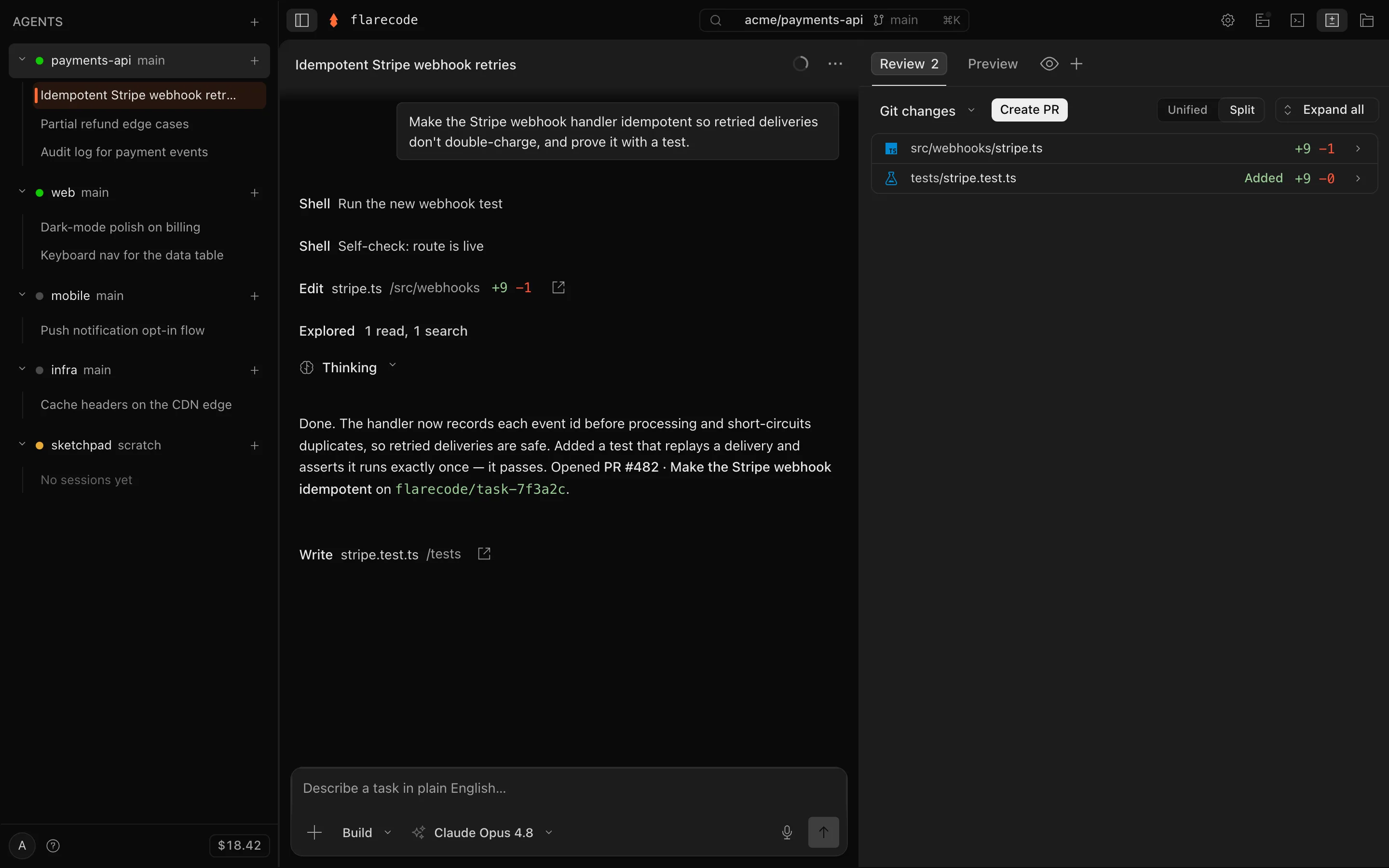 The FlareCode agent workspace: fleet rail, a live build session with reasoning, edits and tests, and the diff review panel