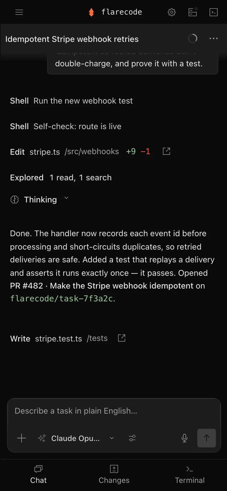 The agent open on a phone: the task, the diff, and the merge button