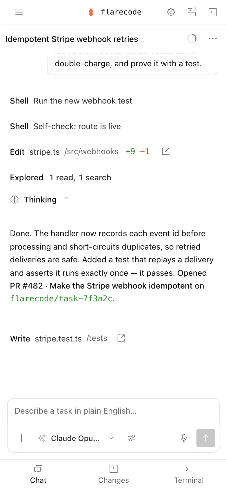 The agent open on a phone: the task, the diff, and the merge button
