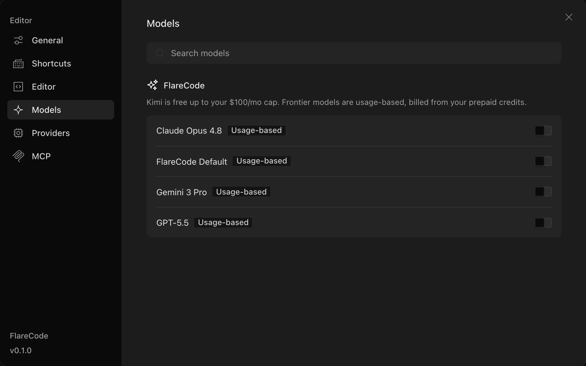 Model settings listing frontier models with usage-based billing