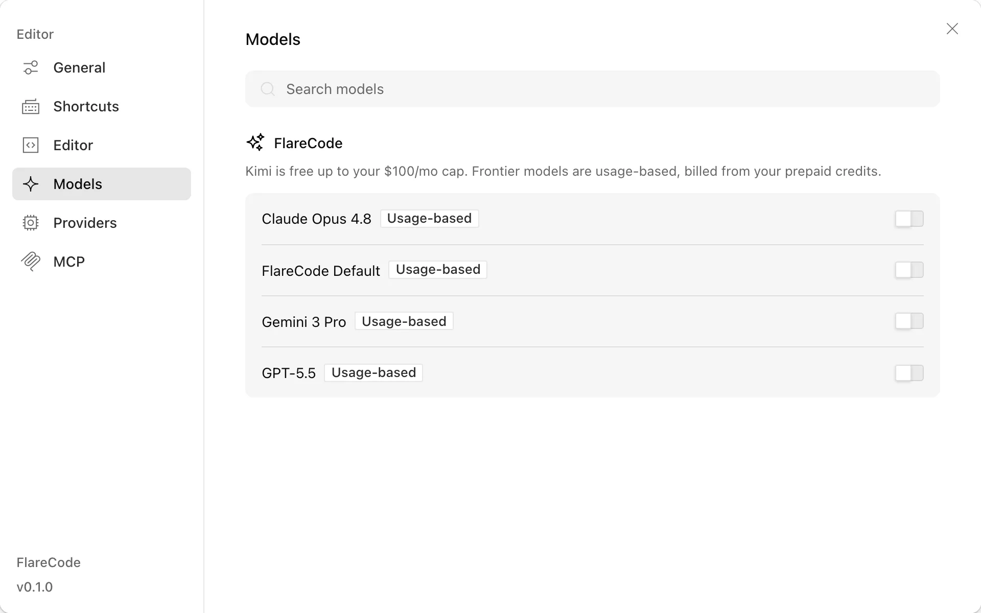 Model settings listing frontier models with usage-based billing