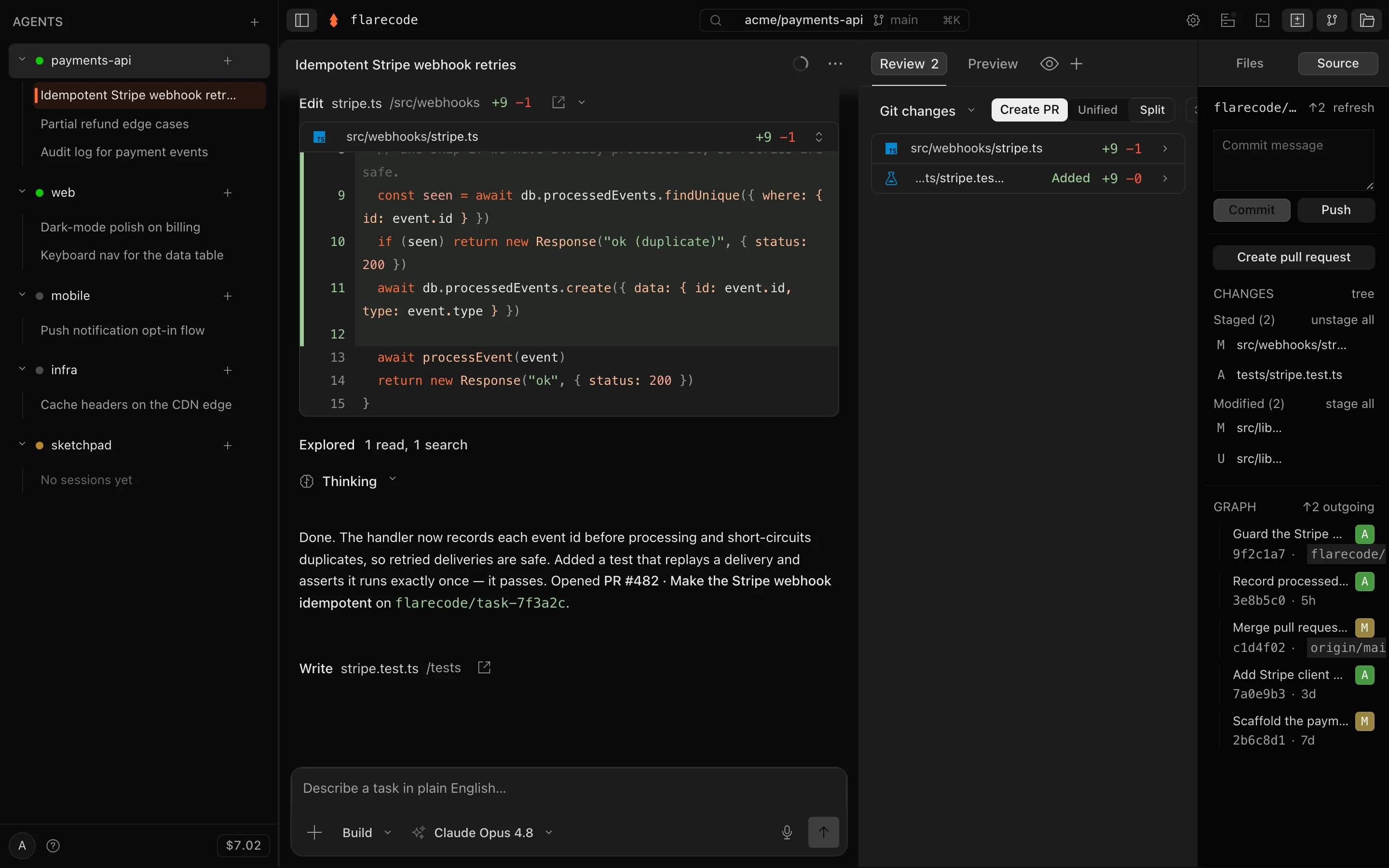 A file open in the editor beside the source-control panel: staged changes, a commit box, and the commit graph